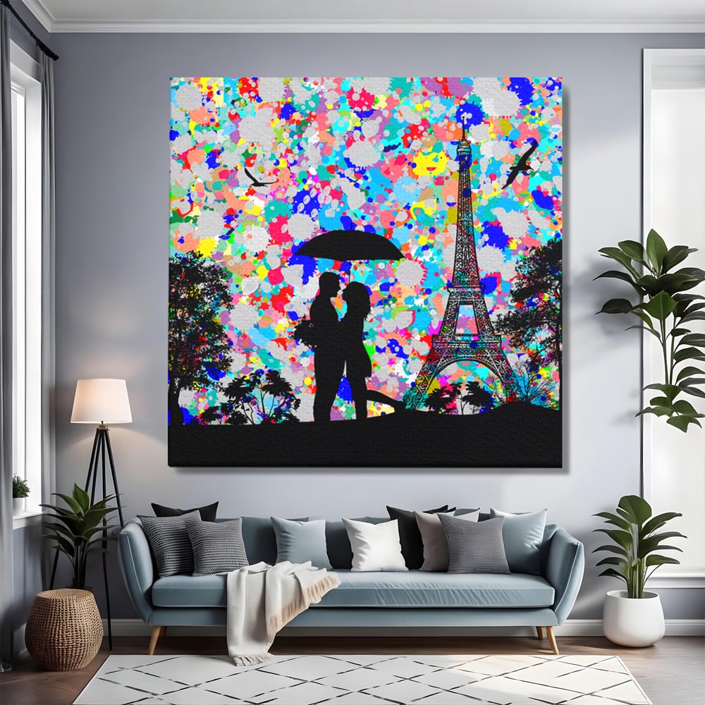 Tablou canvas cu tablou canvas cu indragostiti la paris, fara rama, pe sasiu de lemn, pe perete intr-un living